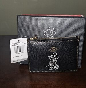 Disney X Coach Black Leather Minnie Mouse Mini ID Skinny Card Case New With Tag